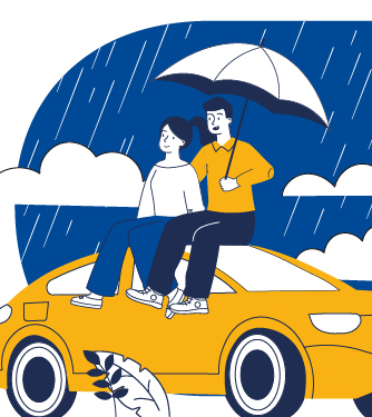 Pareja encima del auto bajo la lluvia