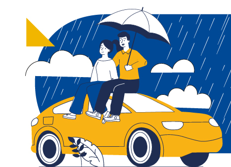 Pareja encima del auto bajo la lluvia
