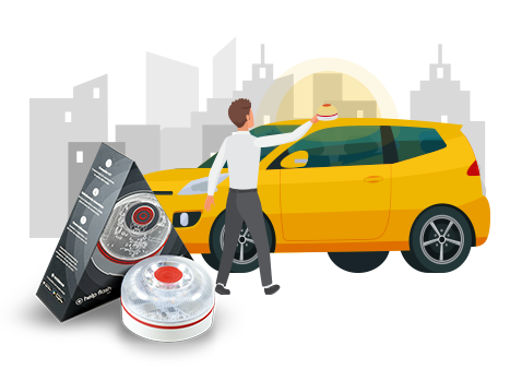 Ilustracin con un coche de color amarillo con una persona delante que coloca un dispositivo en el techo del coche; al fondo, un skyline de una ciudad. Al lado del coche, est la foto del dispositivo electrnico.