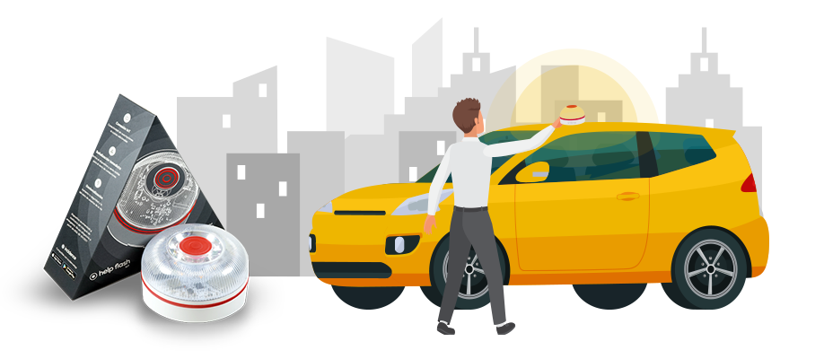 Ilustracin con un coche de color amarillo con una persona delante que coloca un dispositivo en el techo del coche; al fondo, un skyline de una ciudad. Al lado del coche, est la foto del dispositivo electrnico.