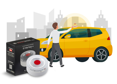 Ilustracin con un coche de color amarillo con una persona delante que coloca un dispositivo en el techo del coche; al fondo, un skyline de una ciudad. Al lado del coche, est la foto del dispositivo electrnico.