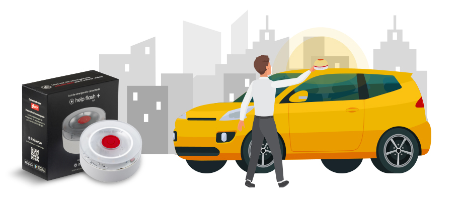 Ilustracin con un coche de color amarillo con una persona delante que coloca un dispositivo en el techo del coche; al fondo, un skyline de una ciudad. Al lado del coche, est la foto del dispositivo electrnico.