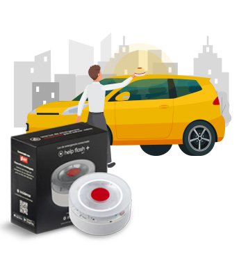 Ilustracin con un coche de color amarillo con una persona delante que coloca un dispositivo en el techo del coche; al fondo, un skyline de una ciudad. Al lado del coche, est la foto del dispositivo electrnico.